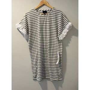 Lumière Kate Shirt Tunic Dress Gray White Stripe Ruffle Trim Short Sleeve Medium